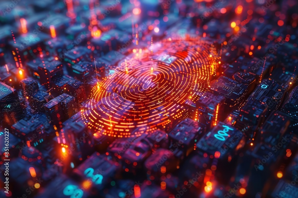 Futuristic digital fingerprint concept, glowing on a cybernetic background, representing security, identity, and biometrics in technology. Futuristic digital fingerprint concept, glowing on a cybernetic background, representing security, identity, and biometrics in technology.