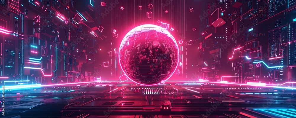 Futuristic digital landscape with glowing neon technology, abstract cyber sphere, high-tech virtual reality background, innovative digital art Futuristic digital landscape with glowing neon technology, abstract cyber sphere, high-tech virtual reality background, innovative digital art