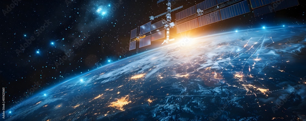 Obraz premium Futuristic Space Station with Advanced Technology Orbiting Earth