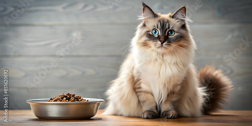 Nevsky Masquerade, cat, sitting, near the tits with food