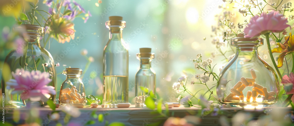 A serene still life of glass bottles and pills surrounded by blooming flowers under warm sun rays, blending nature with health. A serene still life of glass bottles and pills surrounded by blooming flowers under warm sun rays, blending nature with health.