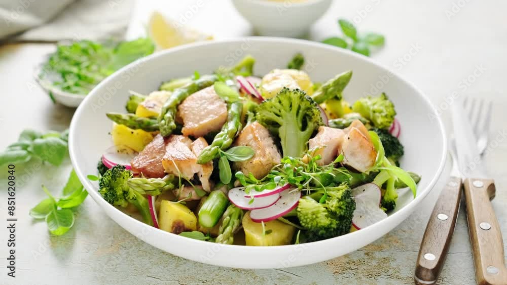 Warm salad with roasted or grilled salmon, potato, asparagus, broccoli and fresh radish. Stock video 4k Warm salad with roasted or grilled salmon, potato, asparagus, broccoli and fresh radish. Stock video 4k
