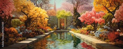 Symmetrical garden scene one side blooming in spring light, the other in autumn hues and shadows, luminism, contrasting seasons, digital painting photo