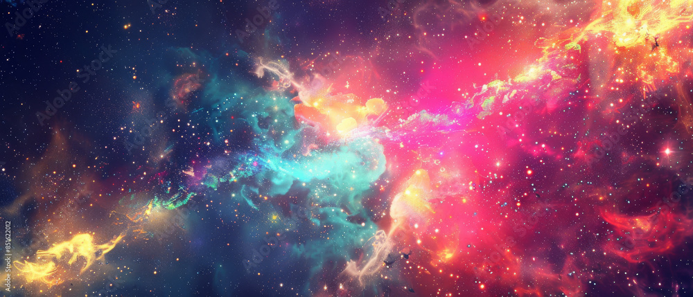 Naklejka premium A majestic cosmic display with swirling clouds of neon blues, purples, and pinks, depicting a fantastical and colorful space scene.