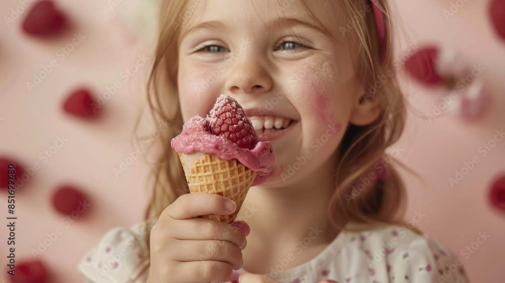 Happy young girl enjoying a raspberry ice cream cone. Happy young girl enjoying a raspberry ice cream cone.