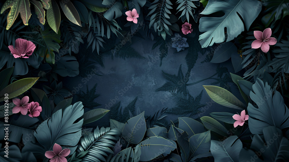 Cartoon-style 3D render of cute dark jungle with colorful leaves and flowers Cartoon-style 3D render of cute dark jungle with colorful leaves and flowers