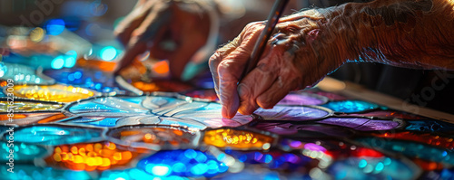 An artisan creating a stained glass window for a historic church, depicting scenes from religious texts and local legends.
