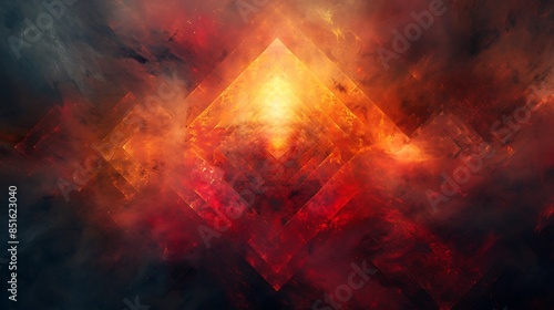 An abstract background featuring stacked trapezoids creating a pyramid effect, vibrant hues of red and yellow, hd quality, digital art, high contrast, geometric design, modern aesthetic
