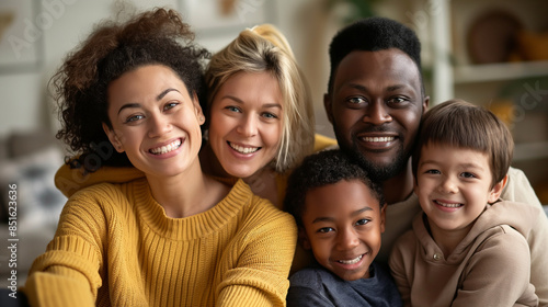 Interracial polyamorous family smiling in a cozy living room.