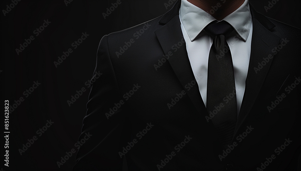 A man in a black suit and tie isolated on a dark background, in a close up shot with copy space for your design A man in a black suit and tie isolated on a dark background, in a close up shot with copy space for your design