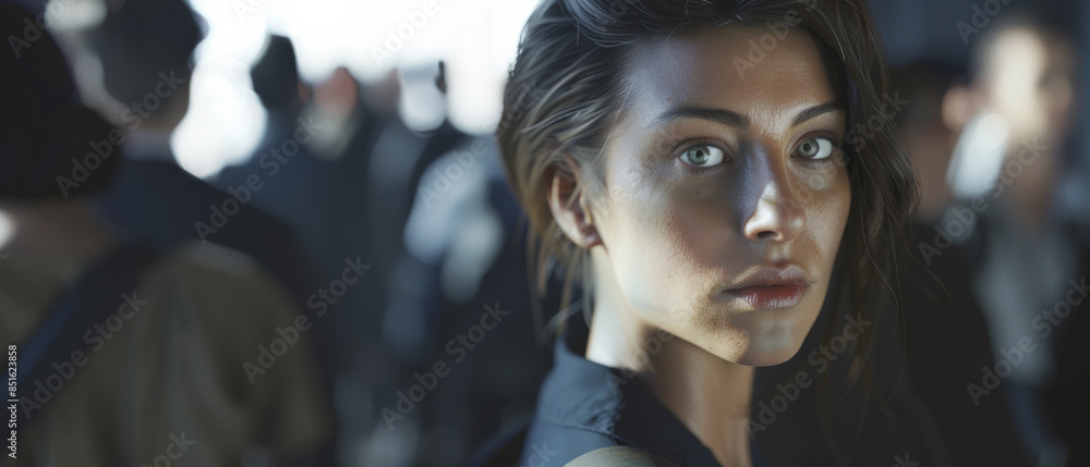 A close-up of a young woman with striking blue eyes looking intently at the camera. The background is blurry, with a crowd in the distance giving a sense of depth. A close-up of a young woman with striking blue eyes looking intently at the camera. The background is blurry, with a crowd in the distance giving a sense of depth.