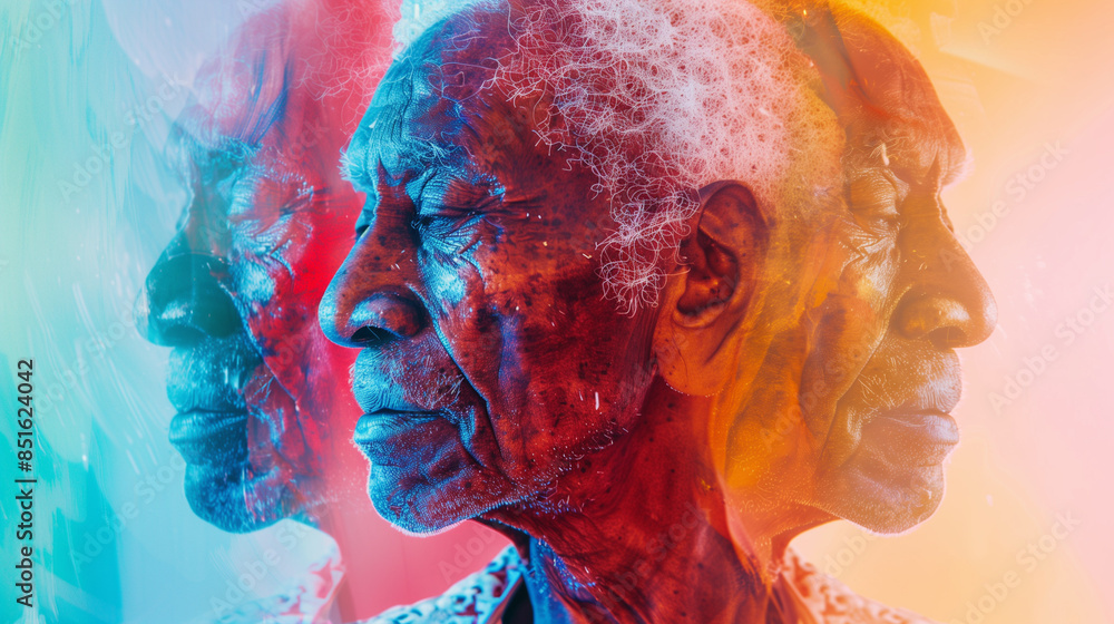 Fototapeta premium Portrait of elderly man in three different perspectives, abstract background.