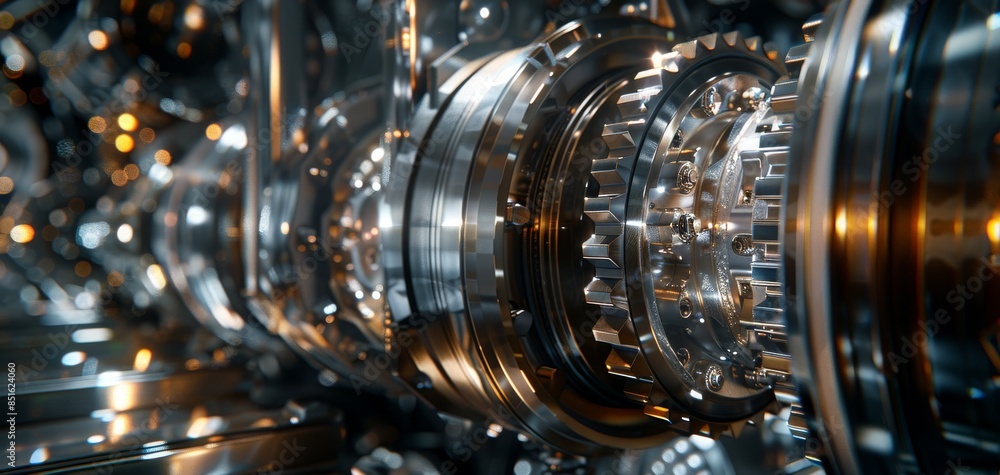 Detailed design of shiny metallic gears and cogs in an industrial engine, highlighted by soft lighting that accentuates the intricate mechanical features. Detailed design of shiny metallic gears and cogs in an industrial engine, highlighted by soft lighting that accentuates the intricate mechanical features.