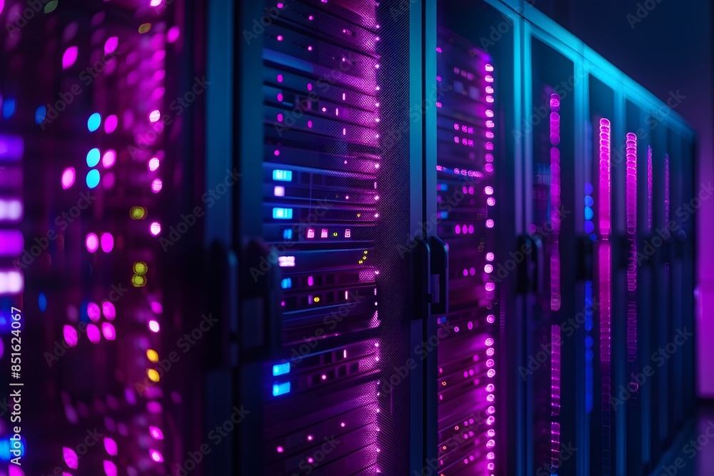 A high-tech data center with rows of glowing blue and purple server cabinets, illuminated by soft pink neon lights. The scene is captured in a wide-angle shot that highlights the sleek design of each A high-tech data center with rows of glowing blue and purple server cabinets, illuminated by soft pink neon lights. The scene is captured in a wide-angle shot that highlights the sleek design of each