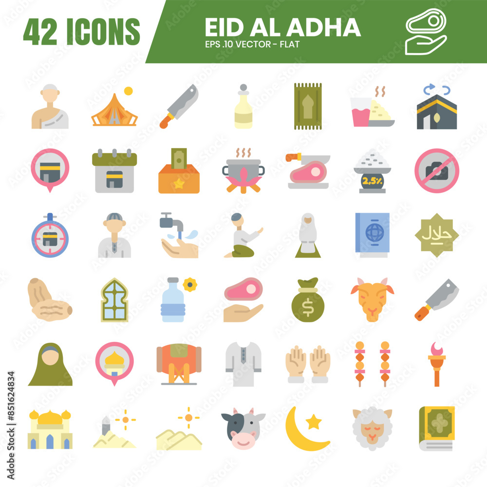 Eid al adha flat icon set. A collection of flat icons celebrating Eid al-Adha. Vector illustration. Eid al adha flat icon set. A collection of flat icons celebrating Eid al-Adha. Vector illustration.