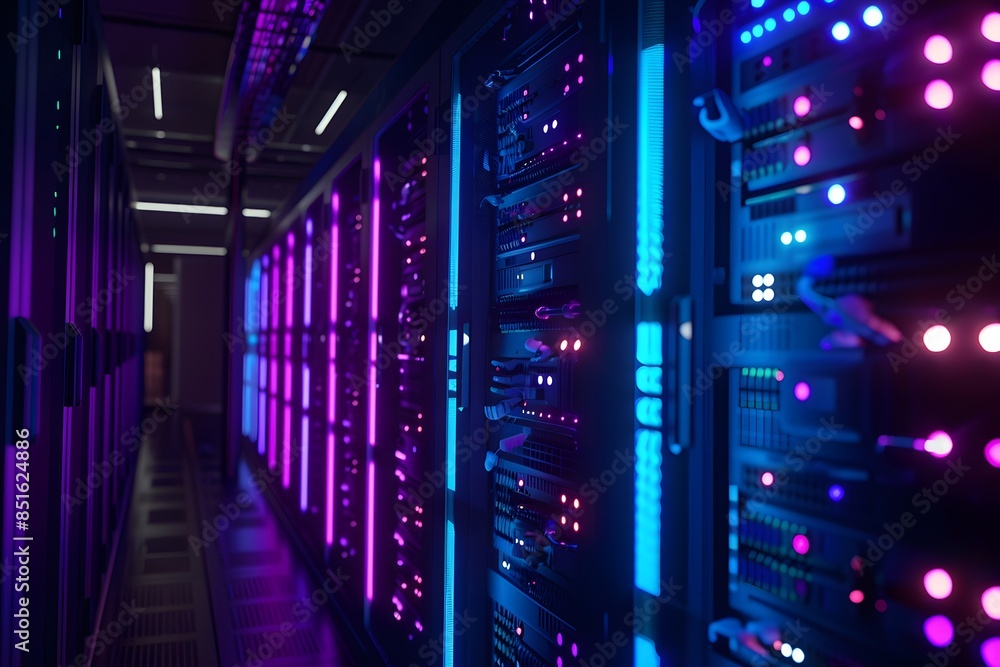 A high-tech data center with rows of glowing blue and purple server cabinets, illuminated by soft pink neon lights. The scene is captured in a wide-angle shot that highlights the sleek design of each A high-tech data center with rows of glowing blue and purple server cabinets, illuminated by soft pink neon lights. The scene is captured in a wide-angle shot that highlights the sleek design of each