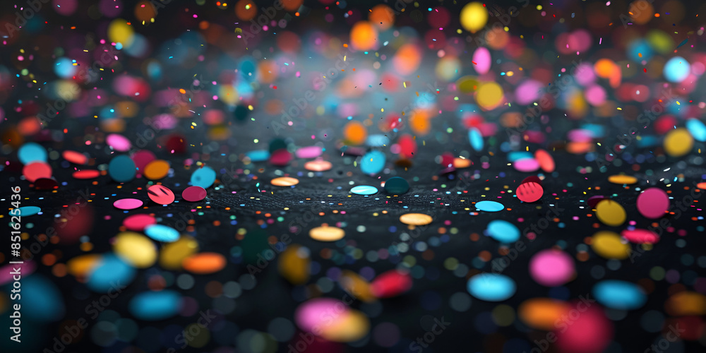 A blurry background of multicolored confetti on dark surface 
