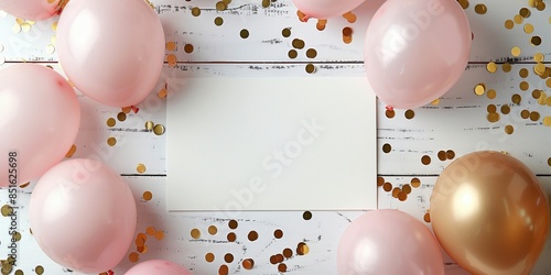 Pink Balloons and Confetti on White Wooden Background