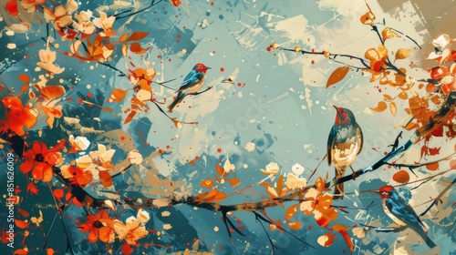 Decorative abstract background with flowers, branches, birds, golden brushstrokes. Oil on canvas. Modern Art. Wallpaper, poster, card, mural, print, wall hanging, wallpaper