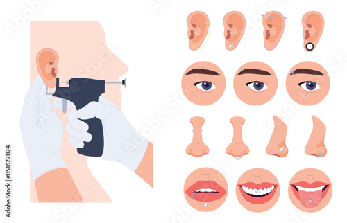 Piercings on different parts of the body. Metal jewelry in the ear, nose, lips, eyebrows. Jewelery on the face. Vector illustration
