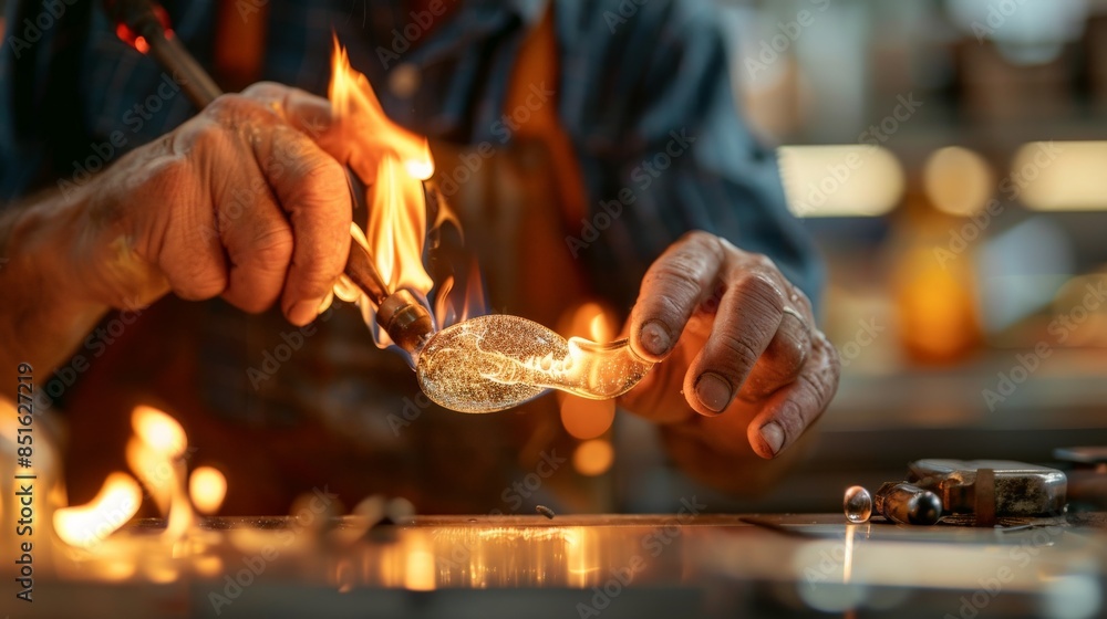 Obraz premium Close-up of artisan's hands skillfully shaping molten glass with flame, creating a delicate piece in the workshop.
