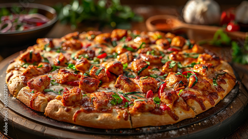 A pizza with chicken and peppers on it sits on a wooden board. The pizza is covered in sauce and has a lot of toppings