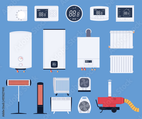A set of thermostats, heating systems and heaters. Smart house, heating systems, climate control. Vector illustration