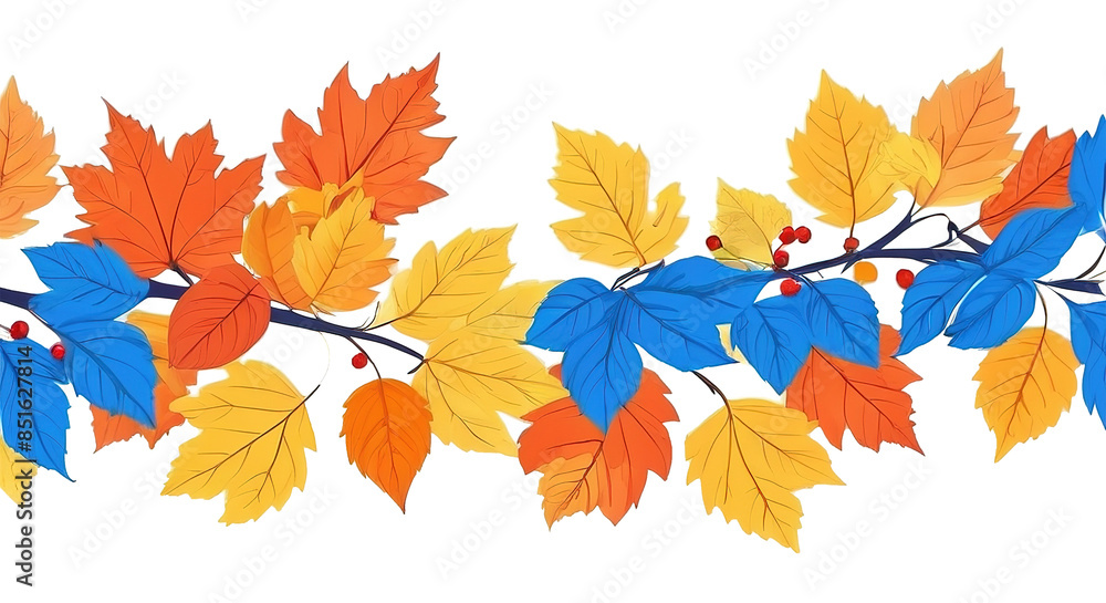 Fototapeta premium Leaves, branches and berries, blue, orange. Separate transparent background.