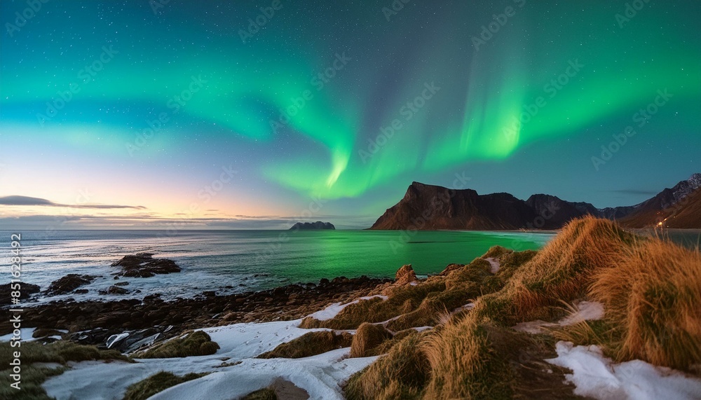 Obraz premium Paisaje hermoso aurora boreal cielo colores mar