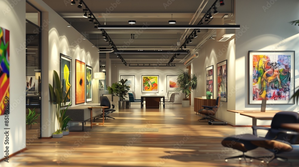 An officea??s central hub with a rotating art installation, featuring works from local artists on a monthly basis An officea??s central hub with a rotating art installation, featuring works from local artists on a monthly basis