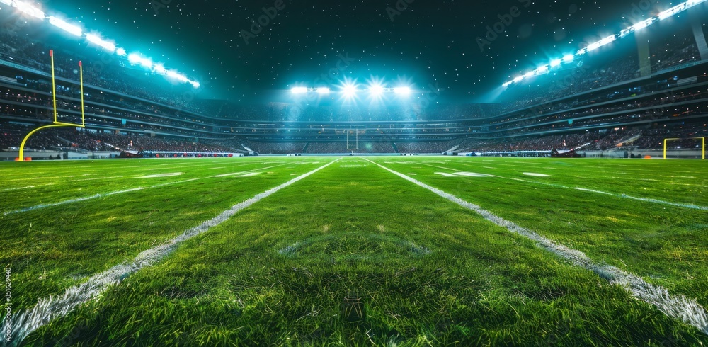 A football field under the lights, with fans cheering in the stands and green grass A football field under the lights, with fans cheering in the stands and green grass