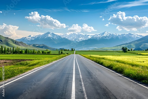 A wide road leads into the distance, with green fields on both sides and snow-capped mountains in the background. The blue sky is clear, and white clouds float across it