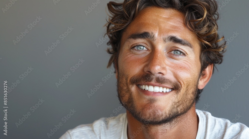 Half-length portrait of a young man with curly hair smiling against a gray background Half-length portrait of a young man with curly hair smiling against a gray background