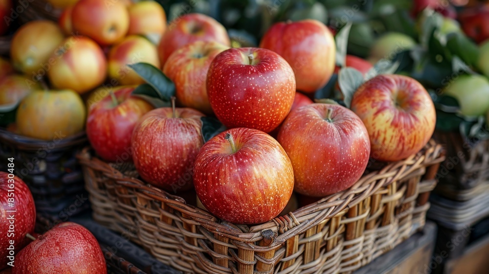 A basket filled with ripe, shiny apples displayed at a farmer's market, representing healthy eating A basket filled with ripe, shiny apples displayed at a farmer's market, representing healthy eating