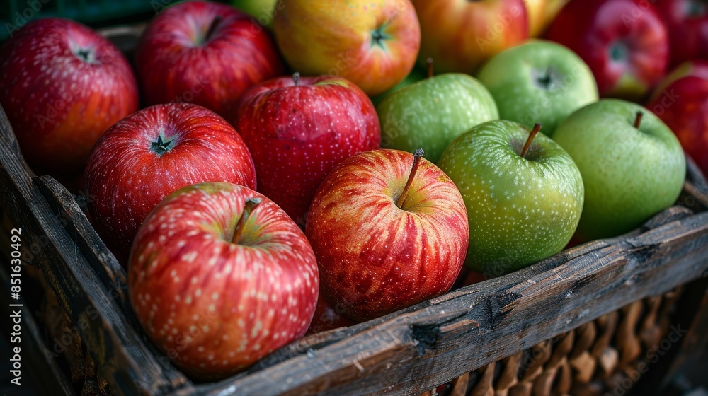 A selection of various green and red apples in a basket, highlighting freshness and variety A selection of various green and red apples in a basket, highlighting freshness and variety