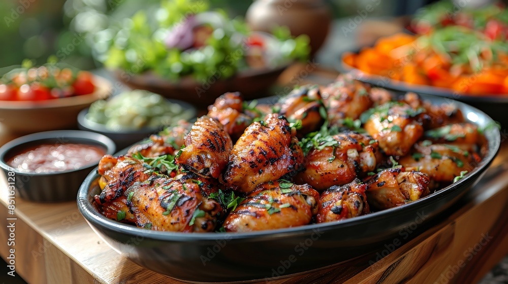 Close-up of delicious grilled chicken wings served on a black plate with garnish Close-up of delicious grilled chicken wings served on a black plate with garnish