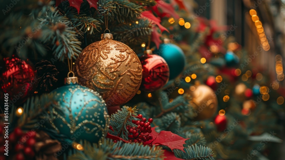 The image displays ornate Christmas ornaments hung amidst evergreen branches and holiday foliage The image displays ornate Christmas ornaments hung amidst evergreen branches and holiday foliage
