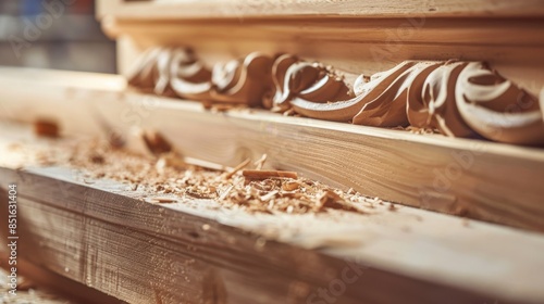 Close-up of detailed wood carving in a workshop with wood shavings on the surface, showcasing intricate craftsmanship. photo