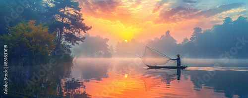 A fisherman casting a net into a tranquil lake at dawn. photo