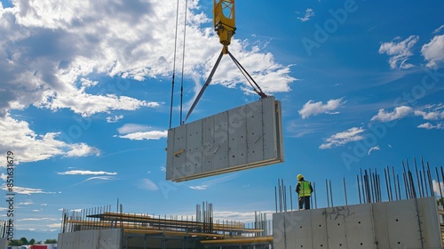 construction crane lifting pre-fabricated concrete panels into place for a new building