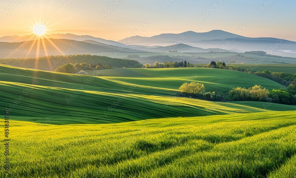 Naklejka premium Beautiful green fields, rolling hills and mountains in the background at sunrise
