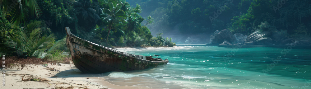 Obraz premium Tranquil Tropical Beach with Abandoned Boat and Lush Greenery in the Background Under Clear Blue Skies