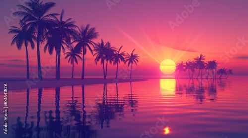 Tranquil sunset over a tropical beach with palm trees and reflective water