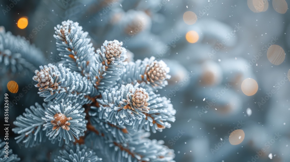 A close-up of frosted pine branches softened by a background filled with warm bokeh light spots A close-up of frosted pine branches softened by a background filled with warm bokeh light spots
