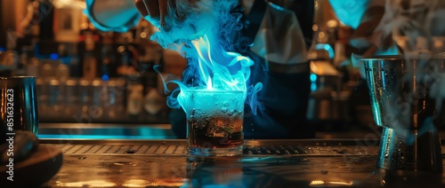 A dynamic shot of a bartender flaming a shot of absinthe, creating a blue flame, for a traditional absinthe preparation. photo