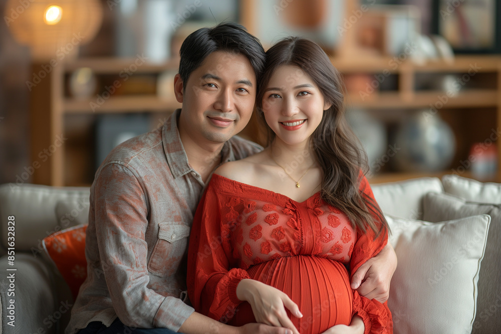 “Anticipating Joy: Cozy Moments of Expectant Couple”. The husband is happy with his wife's pregnancy while holding his wife's belly.