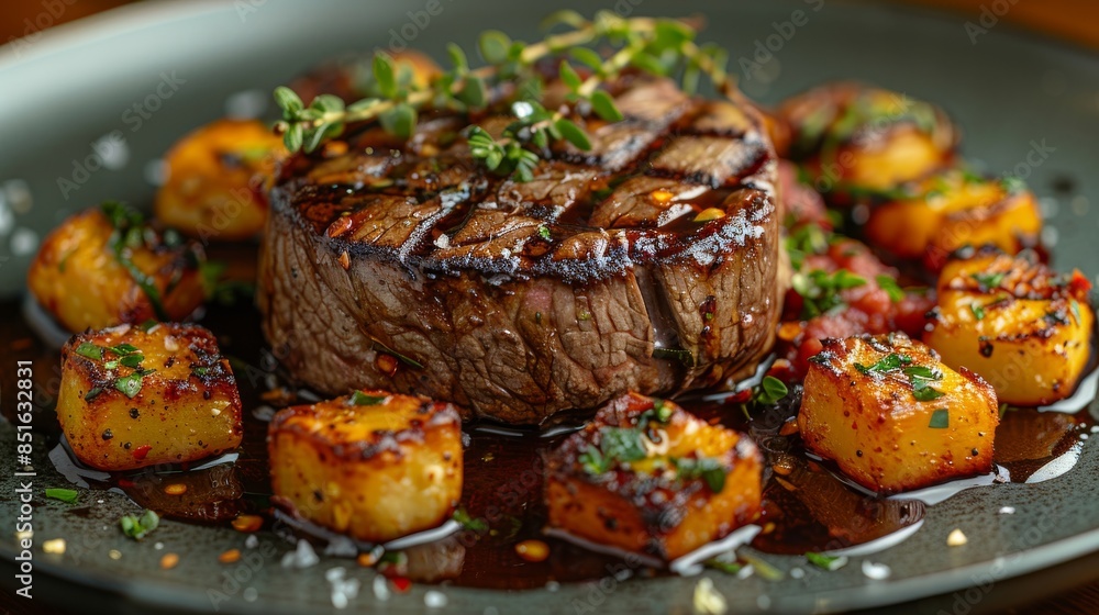 A succulent grilled steak accompanied by perfectly glazed vegetables, served in an upscale restaurant atmosphere A succulent grilled steak accompanied by perfectly glazed vegetables, served in an upscale restaurant atmosphere