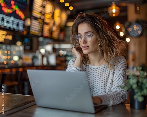 Woman Conducting Financial Research on Laptop at Cafe for Diversified Investing