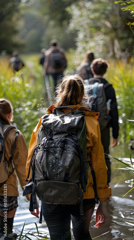Group of students exploring the wetlands during an environmental science field trip to study the local ecosystem Group of students exploring the wetlands during an environmental science field trip to study the local ecosystem