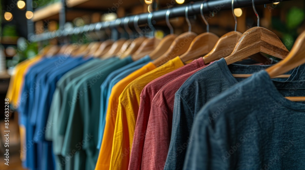 Close-up of diverse T-shirts in multiple colors neatly displayed in a retail clothing shop Close-up of diverse T-shirts in multiple colors neatly displayed in a retail clothing shop